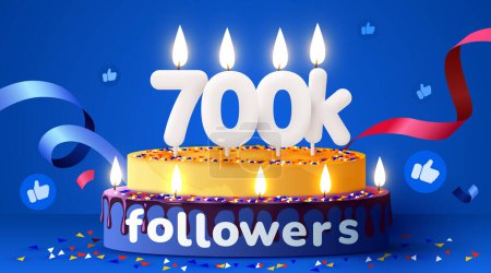 Illustration for 700k or 700000 followers thank you. Social Network friends, followers, subscribers and likes. Birthday cake with candles. Vector illustration - Royalty Free Image