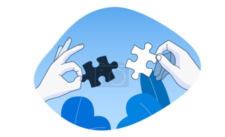 Illustration for Hands put the puzzle together. The concept of cooperation. Modern flat style. Isolated on white background. Vector illustration - Royalty Free Image