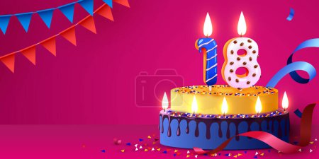 Téléchargez les illustrations : 18 ans. Gâteau aux bougies brûlantes et confettis. Bannière d'anniversaire. Illustration vectorielle - en licence libre de droit