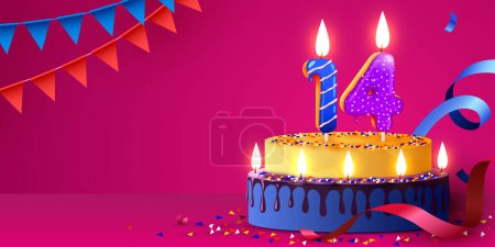 Téléchargez les illustrations : 14 ans. Gâteau aux bougies brûlantes et confettis. Bannière d'anniversaire. Illustration vectorielle - en licence libre de droit