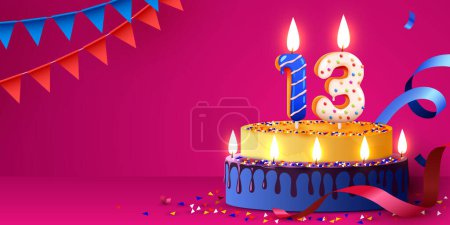 Téléchargez les illustrations : 13 ans. Gâteau aux bougies brûlantes et confettis. Bannière d'anniversaire. Illustration vectorielle - en licence libre de droit