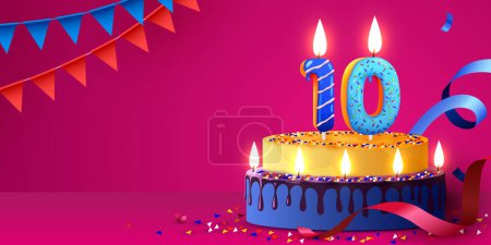 Ilustración de 10 años de aniversario. Pastel con velas encendidas y confeti. Banner de cumpleaños. Ilustración vectorial - Imagen libre de derechos
