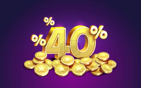 Illustration for Cashback 40 Percentage golden coins, financial save off. Vector - Royalty Free Image