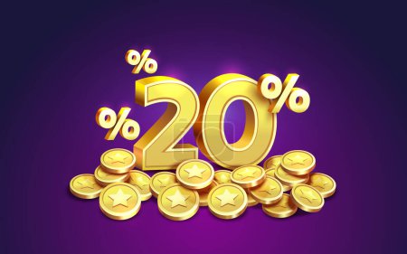 Illustration for Cashback 20 Percentage golden coins, financial save off. Vector - Royalty Free Image