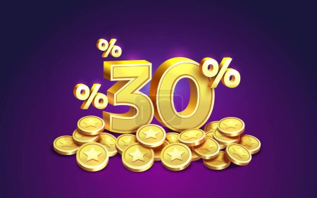 Illustration for Cashback 30 Percentage golden coins, financial save off. Vector - Royalty Free Image