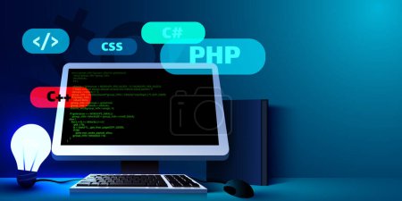 Illustration for Web development, coding and programming futuristic banner. Computer code on computer. Vector illustration - Royalty Free Image