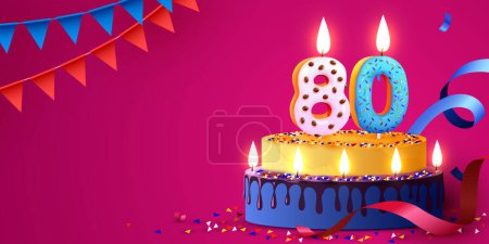 Illustration for 80 years anniversary. Cake with burning candles and confetti. Birthday banner. - Royalty Free Image