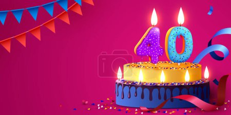 Ilustración de 40 años de aniversario. Pastel con velas encendidas y confeti. Banner de cumpleaños. Ilustración vectorial - Imagen libre de derechos