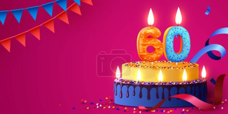 Téléchargez les illustrations : 60 ans. Gâteau aux bougies brûlantes et confettis. Bannière d'anniversaire. Illustration vectorielle - en licence libre de droit
