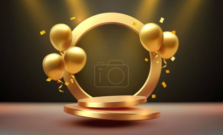 Ilustración de Globo de oro presente podio, celebrar feliz cumpleaños, bandera de la plataforma de oro. Vector - Imagen libre de derechos