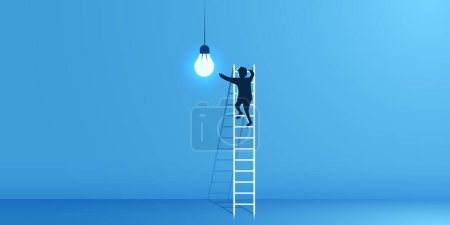 Illustration for Human climbs the stairs to the light bulb. Idea, goal and innovation concept. Vector illustration - Royalty Free Image