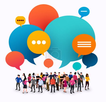 Illustration for Social Network Template. Group of Young People Characters Chatting and speaking. Virtual Communication Concept. Vector illustration - Royalty Free Image