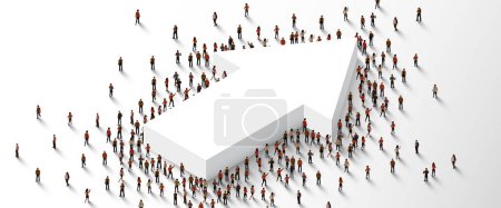 Illustration for Large group of people standing around growing arrow symbol. Vector illustration - Royalty Free Image