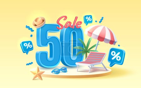 Illustration for Summer time banner sale 50 Percentage, beach umbrella with lounger for relaxation, sunglasses, seaside vacation scene. Vector - Royalty Free Image