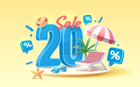Illustration for Summer time banner sale 20 Percentage, beach umbrella with lounger for relaxation, sunglasses, seaside vacation scene. Vector - Royalty Free Image