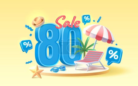 Illustration for Summer time banner sale 80 Percentage, beach umbrella with lounger for relaxation, sunglasses, seaside vacation scene. Vector - Royalty Free Image