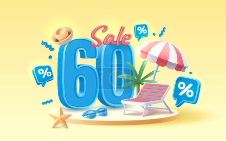 Illustration for Summer time banner sale 60 Percentage, beach umbrella with lounger for relaxation, sunglasses, seaside vacation scene. Vector - Royalty Free Image