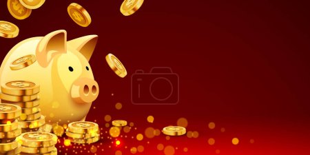 Ilustración de Gold coins fly around the piggy bank. Symbol of profit and growth. Investment and savings. Vector illustration - Imagen libre de derechos