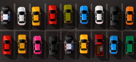 Illustration for City parking vector web banner. Shortage parking spaces. Many cars in a crowded parking. Parking zone. Vector illustration - Royalty Free Image