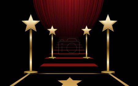 Ilustración de Pasarela estrellada roja, escaleras con alfombra roja, escenario de moda de premio. Vector - Imagen libre de derechos