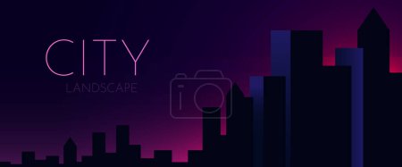 Illustration for Futuristic night city. Cityscape on a dark background with glowing neon lights. Cyberpunk and retro wave style illustration. - Royalty Free Image