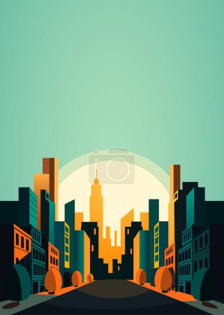 Illustration for Sunset or sunrise Modern city skyscrapers panorama of tall buildings, urban background. Vector illustration - Royalty Free Image