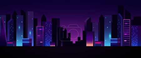 Illustration for Futuristic night city. Cityscape on a dark background with glowing neon lights. Cyberpunk and retro wave style illustration. - Royalty Free Image