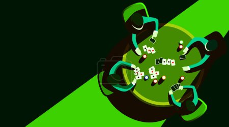 Illustration for Group of people play poker at a round table in a dark room. Concept of casino and card games. Vector illustration - Royalty Free Image