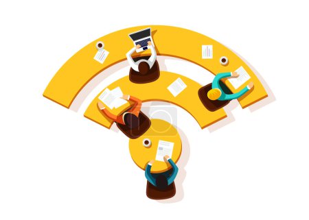 Ilustración de Grupo de personas de negocios se sientan en una mesa en forma de símbolo wifi. Ilustración vectorial - Imagen libre de derechos