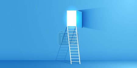 Illustration for Stais leading to a glowing door. Concept of opportunity and goal achievement. Vector illustration - Royalty Free Image