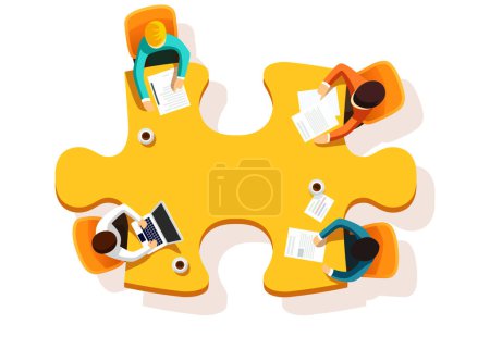 Illustration for Group of businessman having a meeting around jigsaw puzzle table. Vector illustration - Royalty Free Image