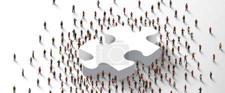 Illustration for Large group of people standing around glowing jigsaw puzzle. Partnership concept. Vector illustration. - Royalty Free Image