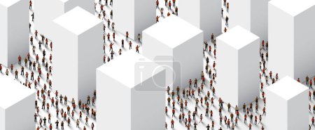 Ilustración de Un gran grupo de personas se encuentra en una ciudad minimalista. Concepto de población. Ilustración vectorial - Imagen libre de derechos