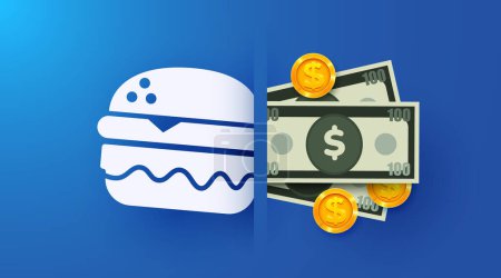 Illustration for Burger and money. The cost of food. Vector illustration - Royalty Free Image