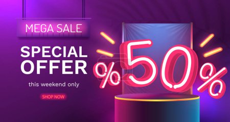 Ilustración de Mega venta oferta especial, Neon 50 banner fuera de la venta. Promoción del cartel. Vector - Imagen libre de derechos