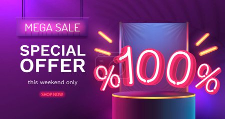 Ilustración de Mega venta oferta especial, Neon 100 banner fuera de la venta. Promoción del cartel. Vector - Imagen libre de derechos