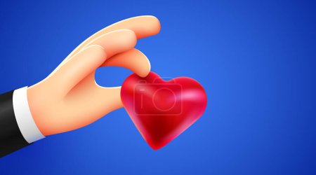 Illustration for Cartoon 3d hand hold red heart. Donation or social media follower concept. Valentine day. Vector illustration - Royalty Free Image