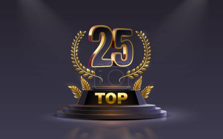 Illustration for Top 25 best podium award sign, golden object. Vector - Royalty Free Image
