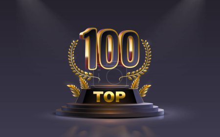 Illustration for Top 100 best podium award sign, golden object. Vector - Royalty Free Image
