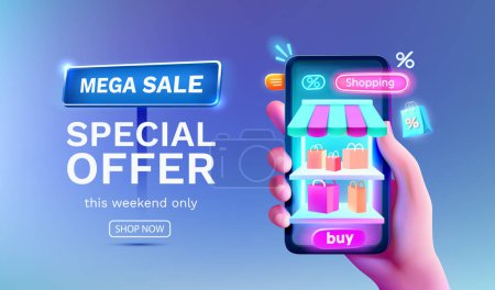 Illustration for The store window in the smartphone, discount and purchase interest, online market. Vector - Royalty Free Image