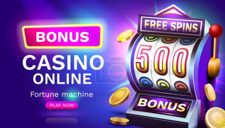 Slots free spins 500, promo flyer poster, banner game play. Vector