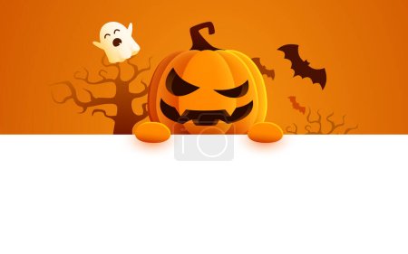 Illustration for Pumpkin character greeting template. Halloween pumpkin holding greeting white board with space for messages. Vector illustration. - Royalty Free Image