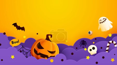 Téléchargez les illustrations : Fond de dessin animé Halloween. Jolies décorations 3D. Illustration vectorielle - en licence libre de droit