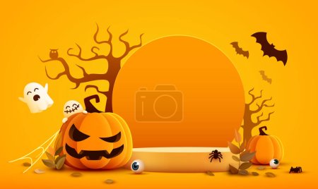 Téléchargez les illustrations : Poste d'affichage de produits orange Halloween avec citrouilles, chauves-souris et fantômes. Illustration vectorielle - en licence libre de droit
