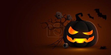 Téléchargez les illustrations : Halloween fond sombre avec citrouille, chauves-souris et fantômes. Illustration vectorielle - en licence libre de droit