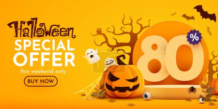 Illustration for 80 percents off. Halloween sale banner template. Podium and numbers with amount of discount. Special October offer. Vector illustration. - Royalty Free Image