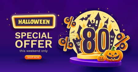 Illustration for 80 percents off. Halloween sale banner template. Podium and numbers with amount of discount. Special October offer. Vector - Royalty Free Image