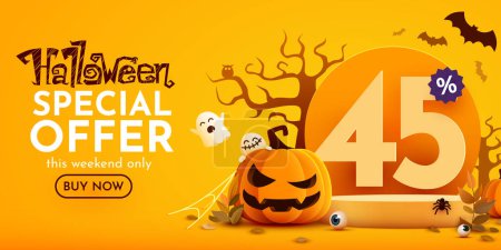 Illustration for 45 percents off. Halloween sale banner template. Podium and numbers with amount of discount. Special October offer. Vector illustration. - Royalty Free Image