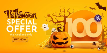 Illustration for 100 percents off. Halloween sale banner template. Podium and numbers with amount of discount. Special October offer. Vector illustration. - Royalty Free Image