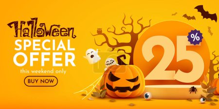 Illustration for 25 percents off. Halloween sale banner template. Podium and numbers with amount of discount. Special October offer. Vector illustration. - Royalty Free Image